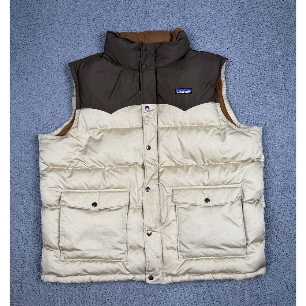 Patagonia Vest Mens XL Brown Tan Down Slingshot Puffer Snap Button 27571